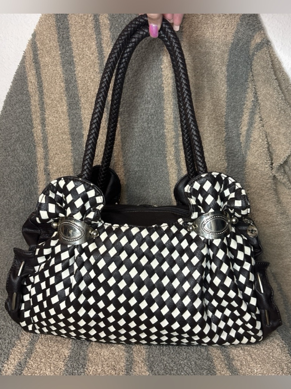 Dark Brown & White Woven Tote Handbag Boho Y2K Vibes